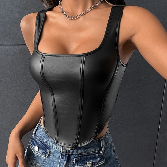 Black Preppy Womens Square Neck Asymmetrical Hem PU Tank Top - Picture 5 of 6